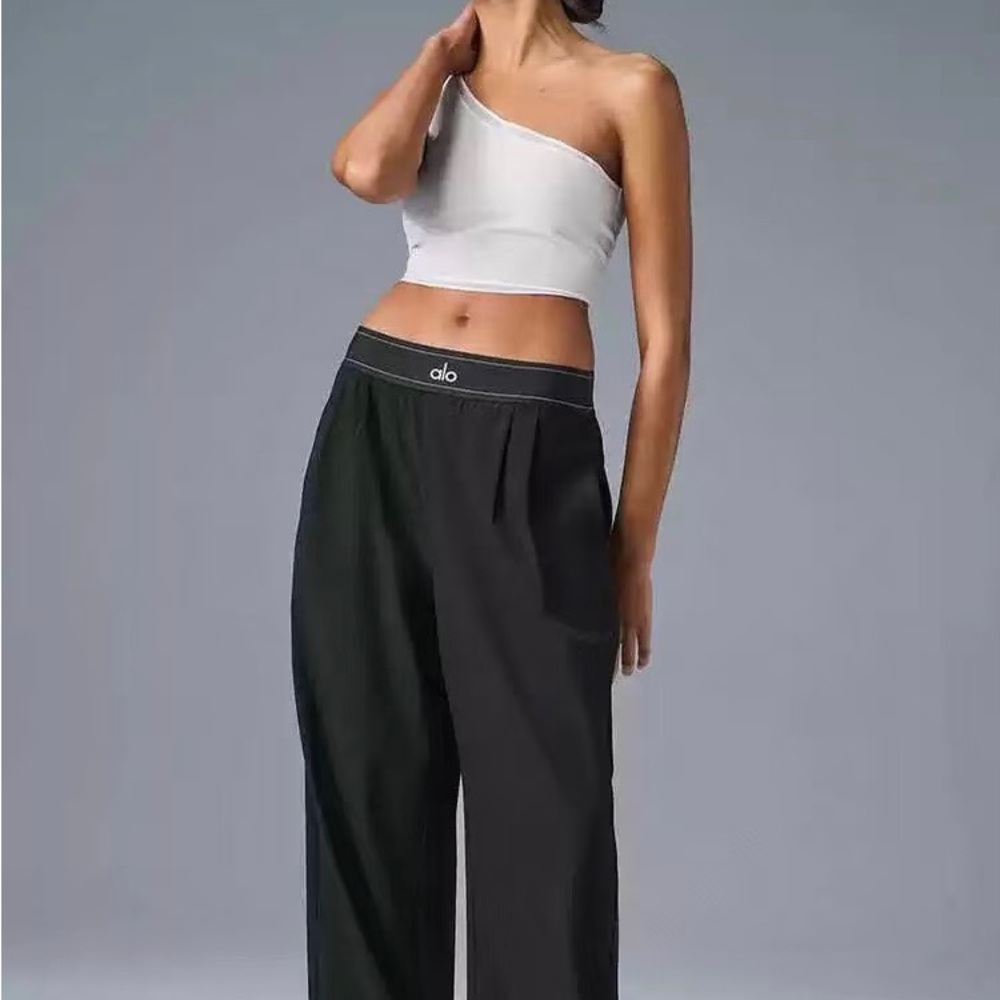 ALO Yoga Black Wide Leg High-Rise Pants with Logo Waistband